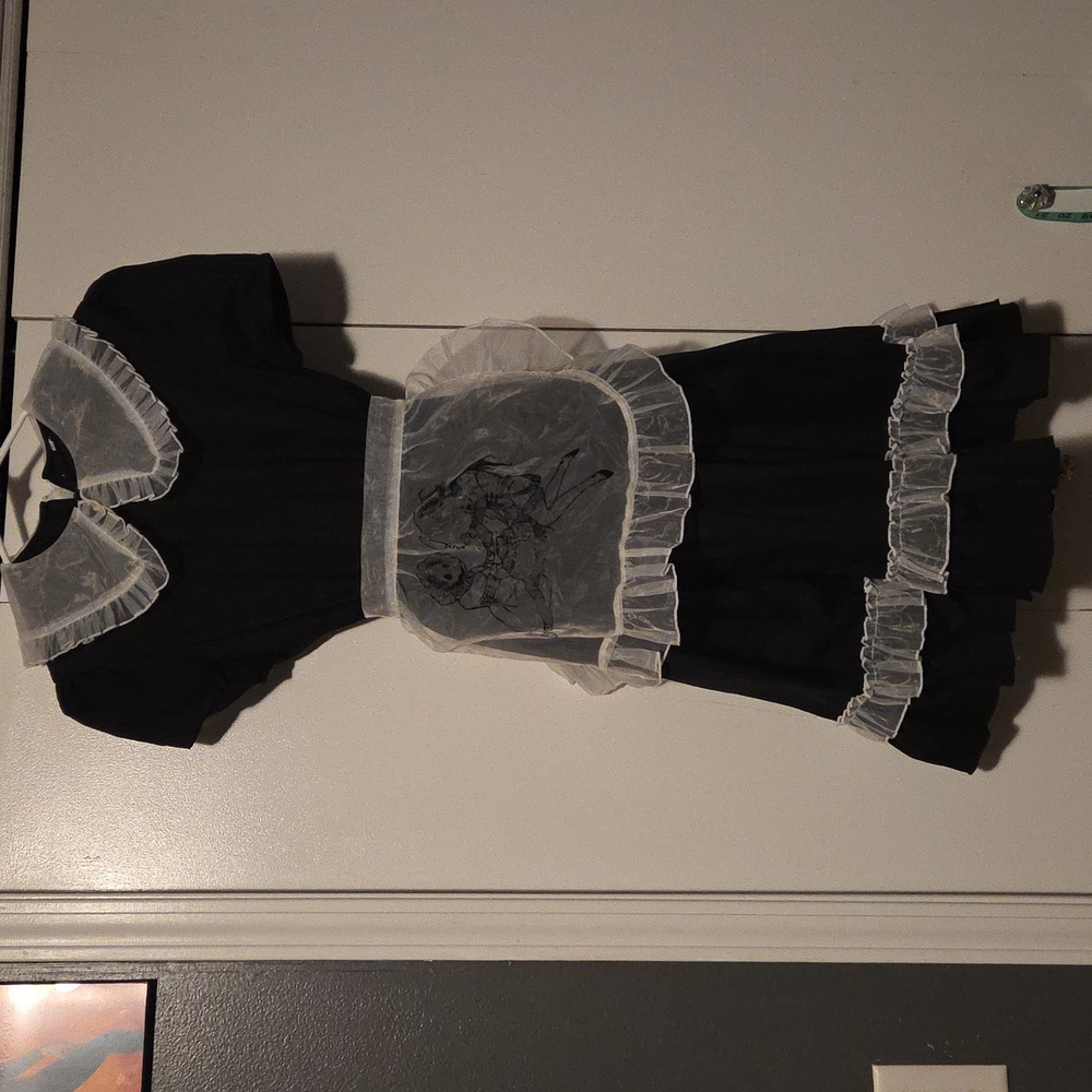 "Domestique" Black Cotton Maid Dress with Sheer Apron - Picture 9 of 12